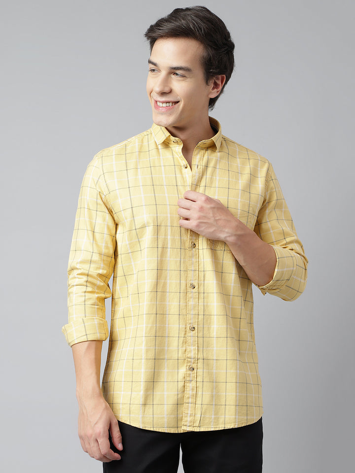 Men Yellow Standard Fit Checkered Casual Shirt