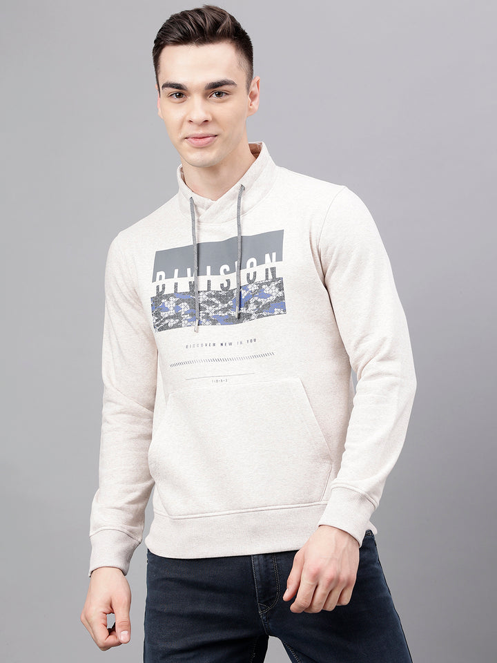 Men Oatmeal Standard Fit Printed Sweat Shirt