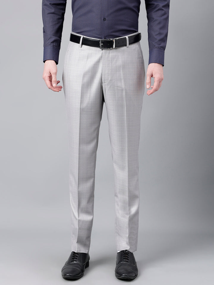 Men Light Grey Standard Fit Mid Rise Checked Formal Trouser