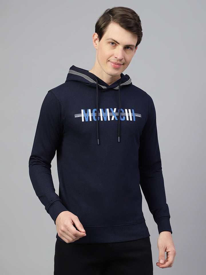 Men Navy Regular Fit Print Hoodie Casual Sweat Shirt