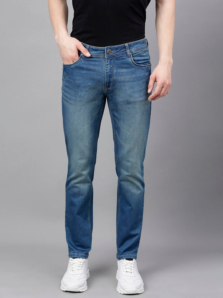 Men Light Blue Slim Fit Washed Mid Rise Stretchable Jeans