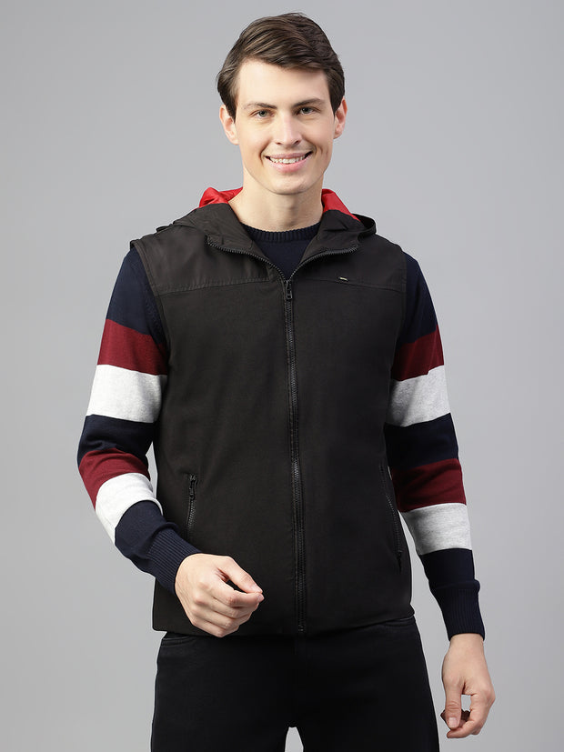 Men Black Regular Fit Solid Hoodie Casual Jacket