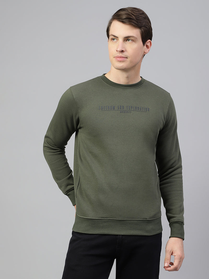 Men Olive Regular Fit Solid Crew Neck Casual Sweat Shirt