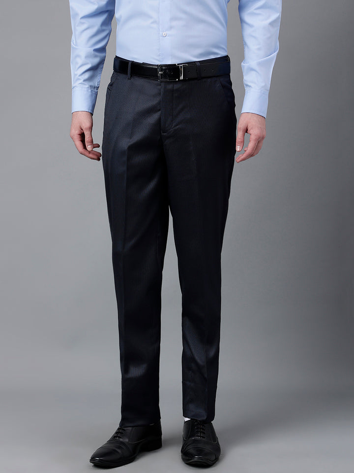 Men Navy Standard Fit Mid Rise Solid Formal Trouser