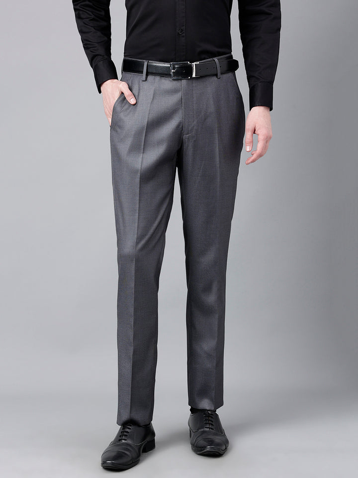 Men Charcoal Standard Fit Mid Rise Solid Formal Trouser