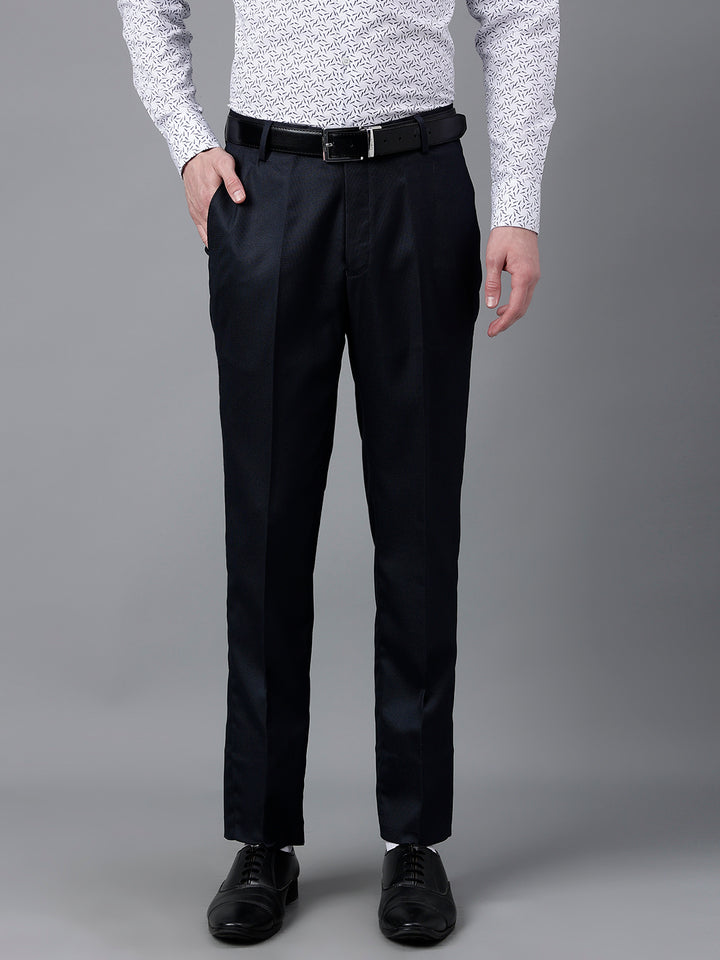 Men Navy Standard Fit Mid Rise Solid Formal Trouser