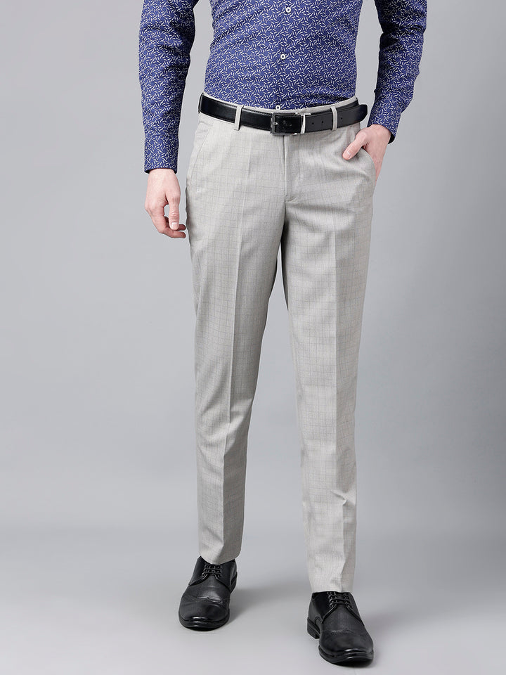 Men Light Grey Standard Fit Mid Rise Checked Formal Trouser