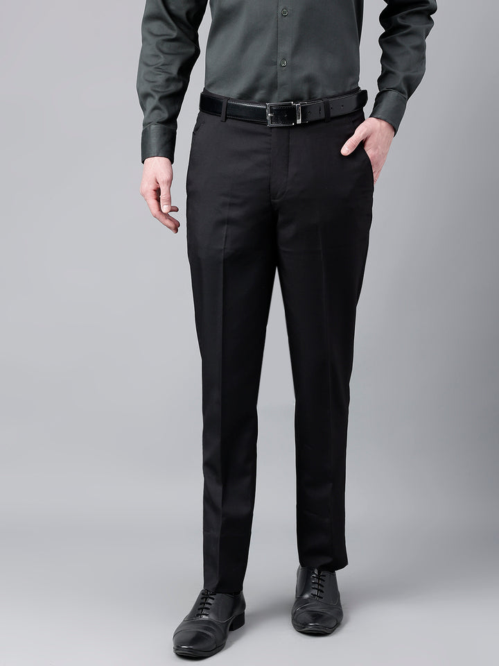 Men Black Standard Fit Mid Rise Solid Formal Trouser