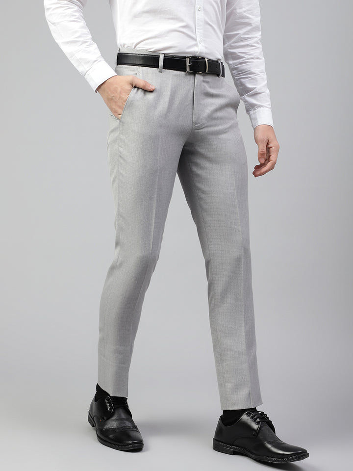 Men Light Grey Regular Fit Solid Mid Rise Formal Trouser