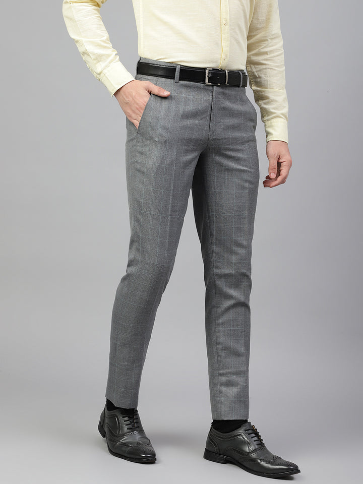 Men Grey Regular Fit Checkered Mid Rise Formal Trouser