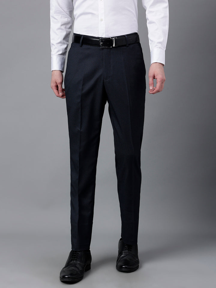 Men Navy Standard Fit Mid Rise Solid Formal Trouser