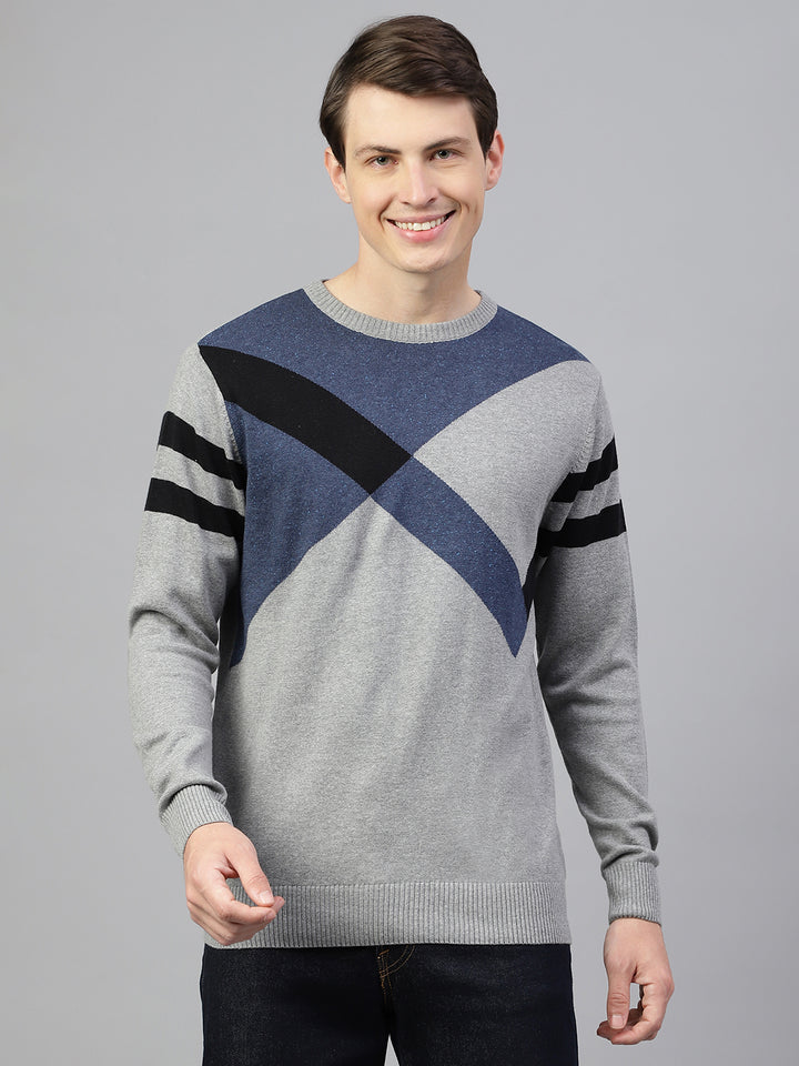 Men Grey Regular Fit Solid Crew Neck Casual Sweater