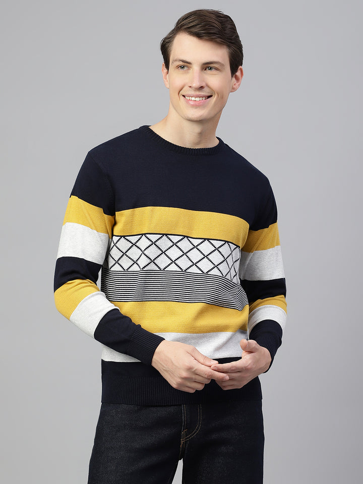 Men Navy Mustard Regular Fit Solid Crew Neck Casual Sweater