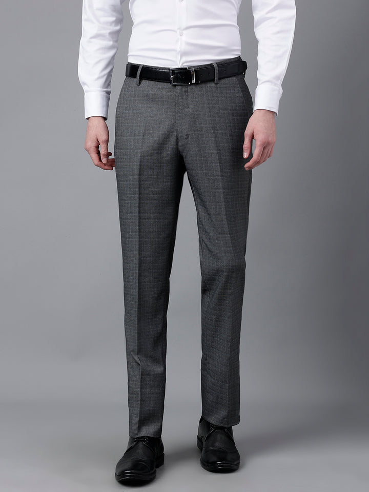 Men Dark Grey Standard Fit Mid Rise Checked Formal Trouser