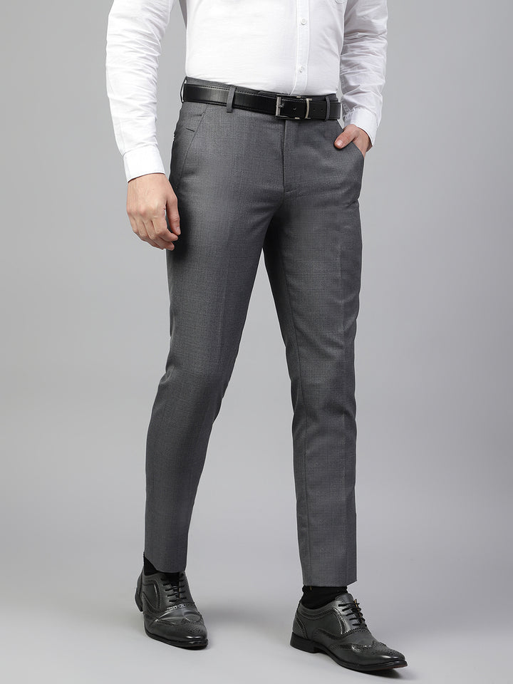 Men Dark Grey Regular Fit Solid Mid Rise Formal Trouser