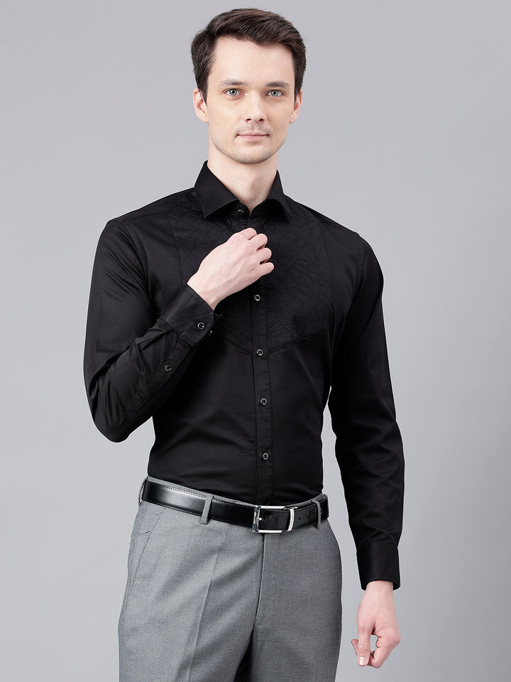 Men Black Standard Fit Self Design Club Wear Shirt