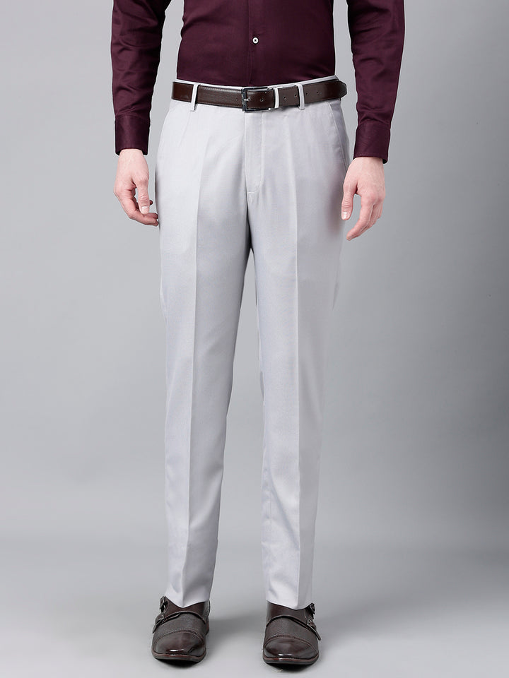 Men Light Grey Standard Fit Mid Rise Solid Formal Trouser