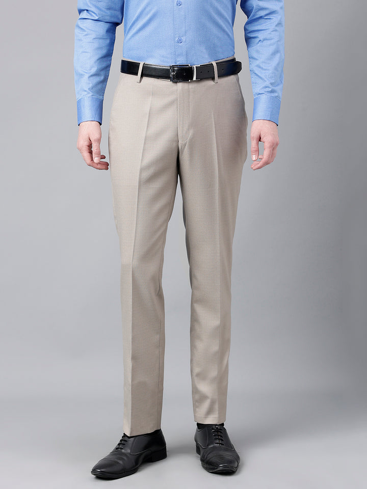 Men Beige Standard Fit Mid Rise Solid Formal Trouser