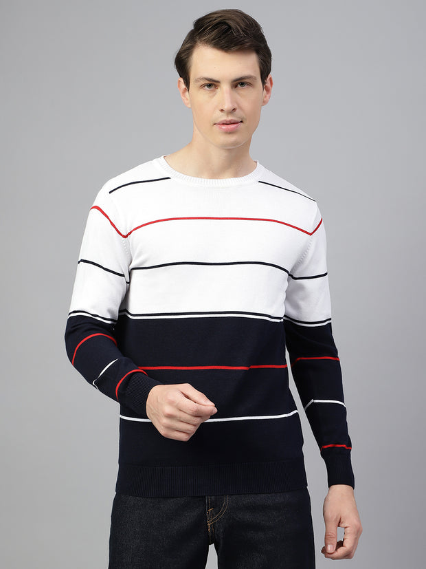 Men Navy White Regular Fit Solid Crew Neck Casual Sweater