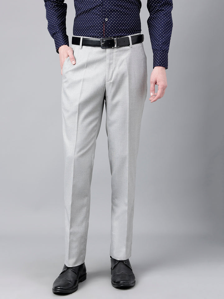 Men Light Grey Standard Fit Mid Rise Solid Formal Trouser