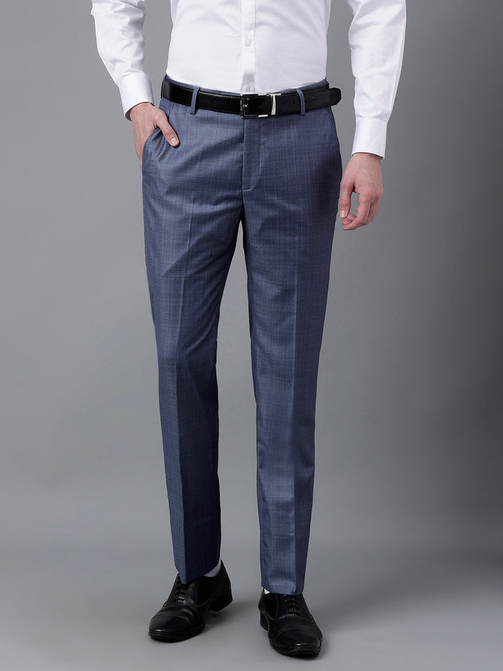 Men Blue Standard Fit Mid Rise Checked Formal Trouser