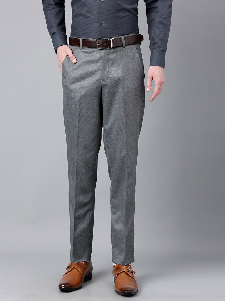 Men Grey Standard Fit Mid Rise Solid Formal Trouser