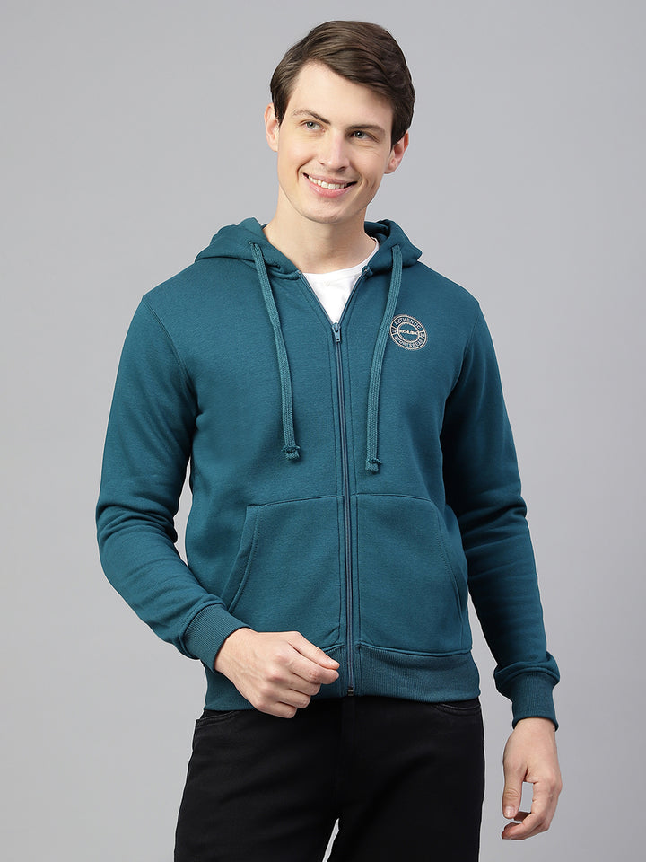 Men Teal Regular Fit Solid Hoodie Casual Sweat Shirt