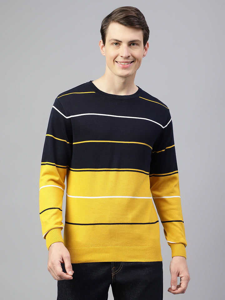 Men Navy Mustard Regular Fit Solid Crew Neck Casual Sweater