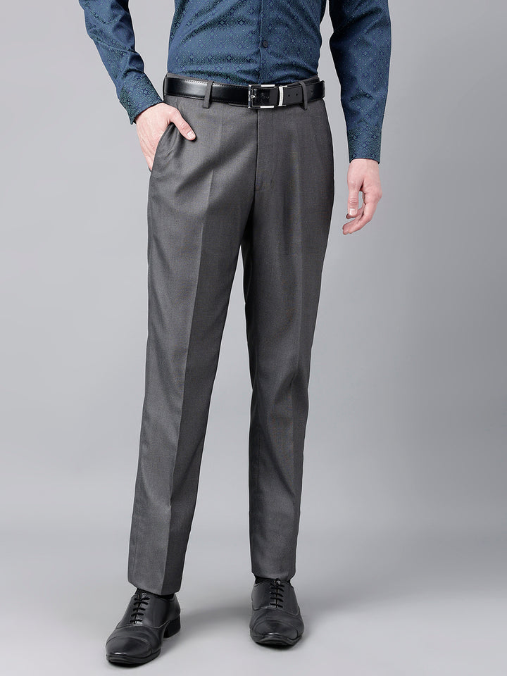 Men Smoke Grey Standard Fit Mid Rise Solid Formal Trouser