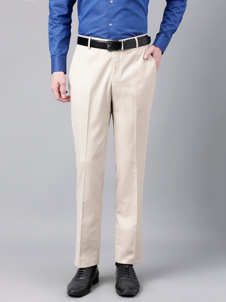 Men Khaki Standard Fit Mid Rise Solid Formal Trouser