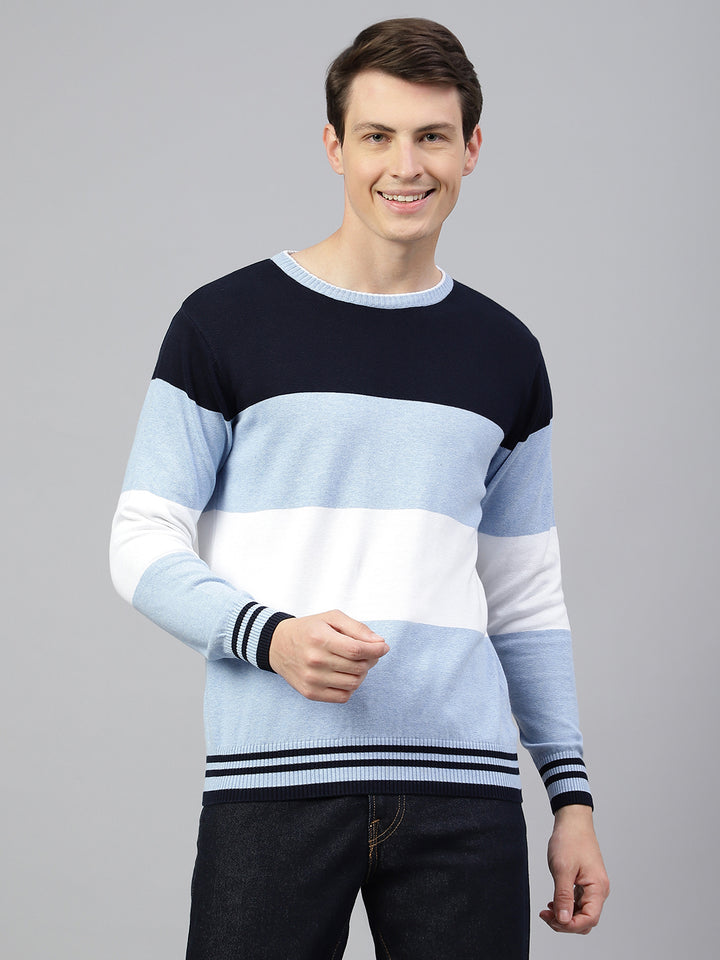 Men Navy Sky Regular Fit Solid Crew Neck Casual Sweater