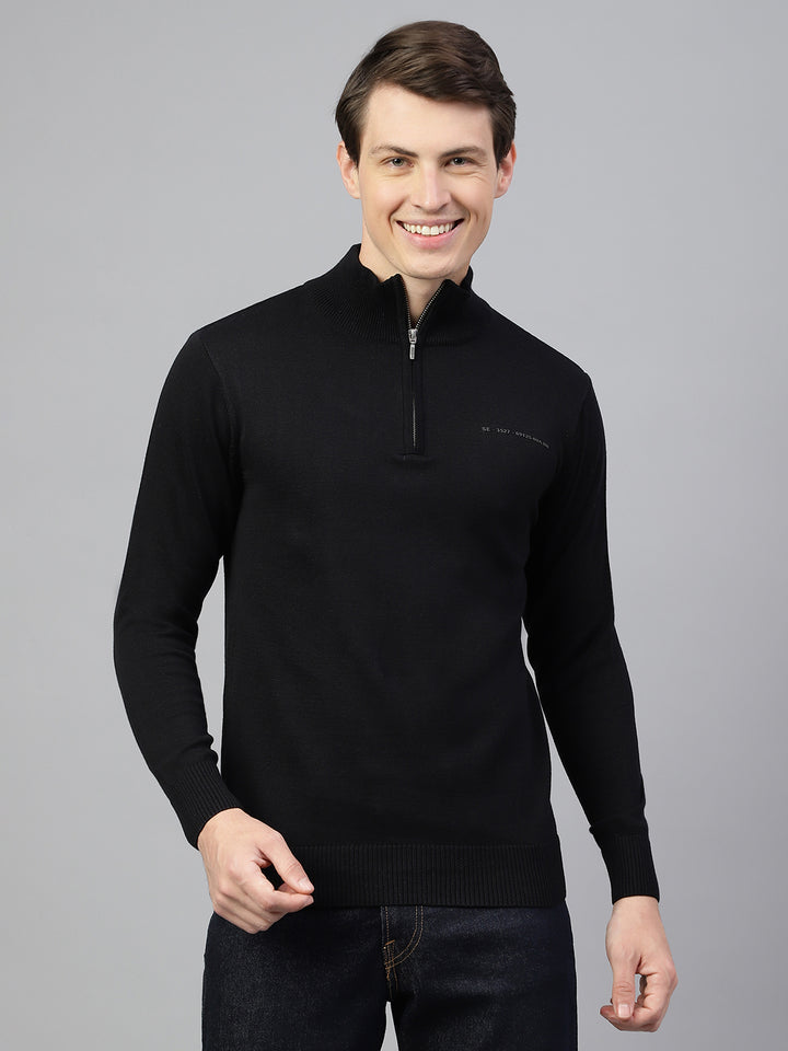 Men Black Regular Fit Solid Crew Neck Casual Sweater