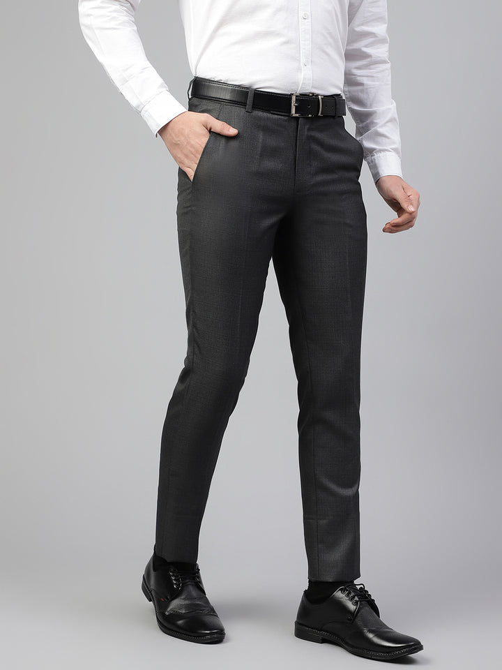 Men Charcoal Grey Regular Fit Solid Mid Rise Formal Trouser