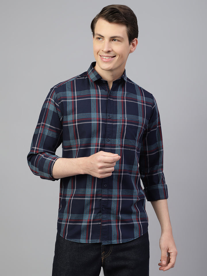 Men Navy Blue Regular Fit Checkered Spread Collar Casual Shirt