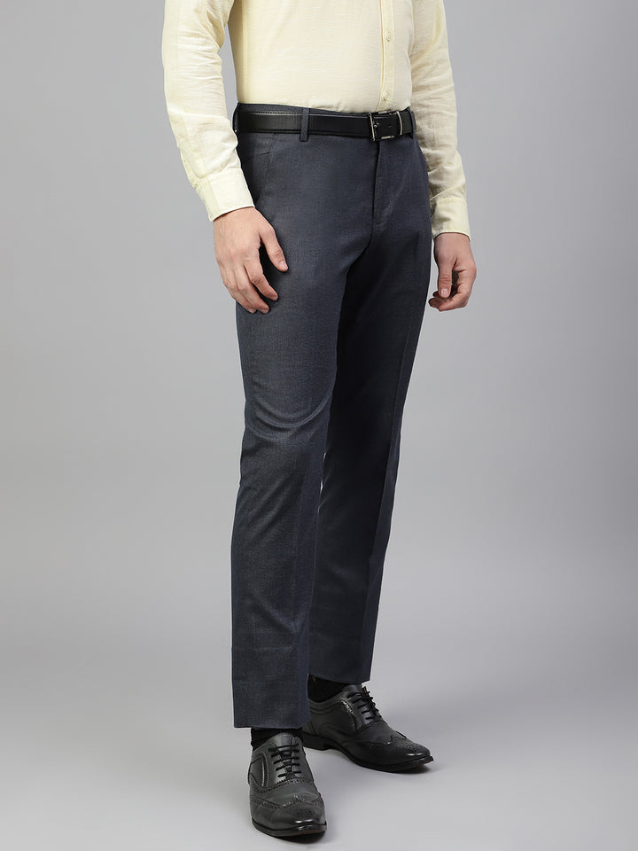 Men Blue Regular Fit Solid Mid Rise Formal Trouser