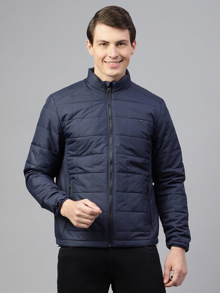 Men Navy Regular Fit Solid Stand Collar Casual Jacket