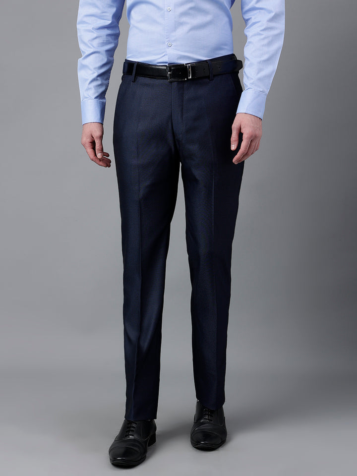 Men Navy Standard Fit Mid Rise Solid Formal Trouser