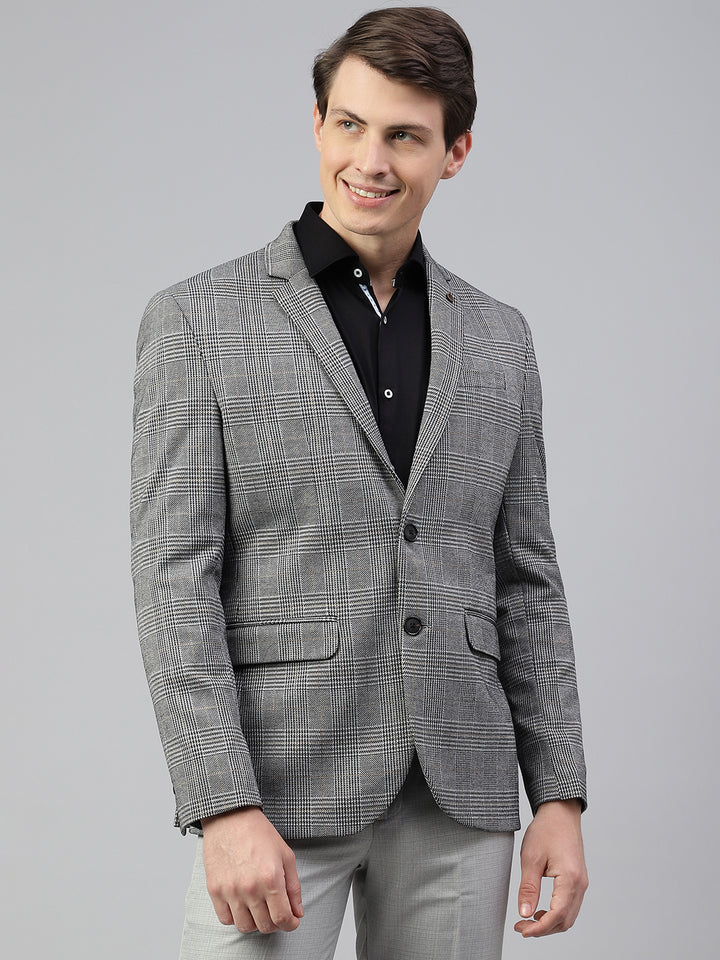 Men Grey Regular Fit Checkered Notched Lapel Casual Blazer