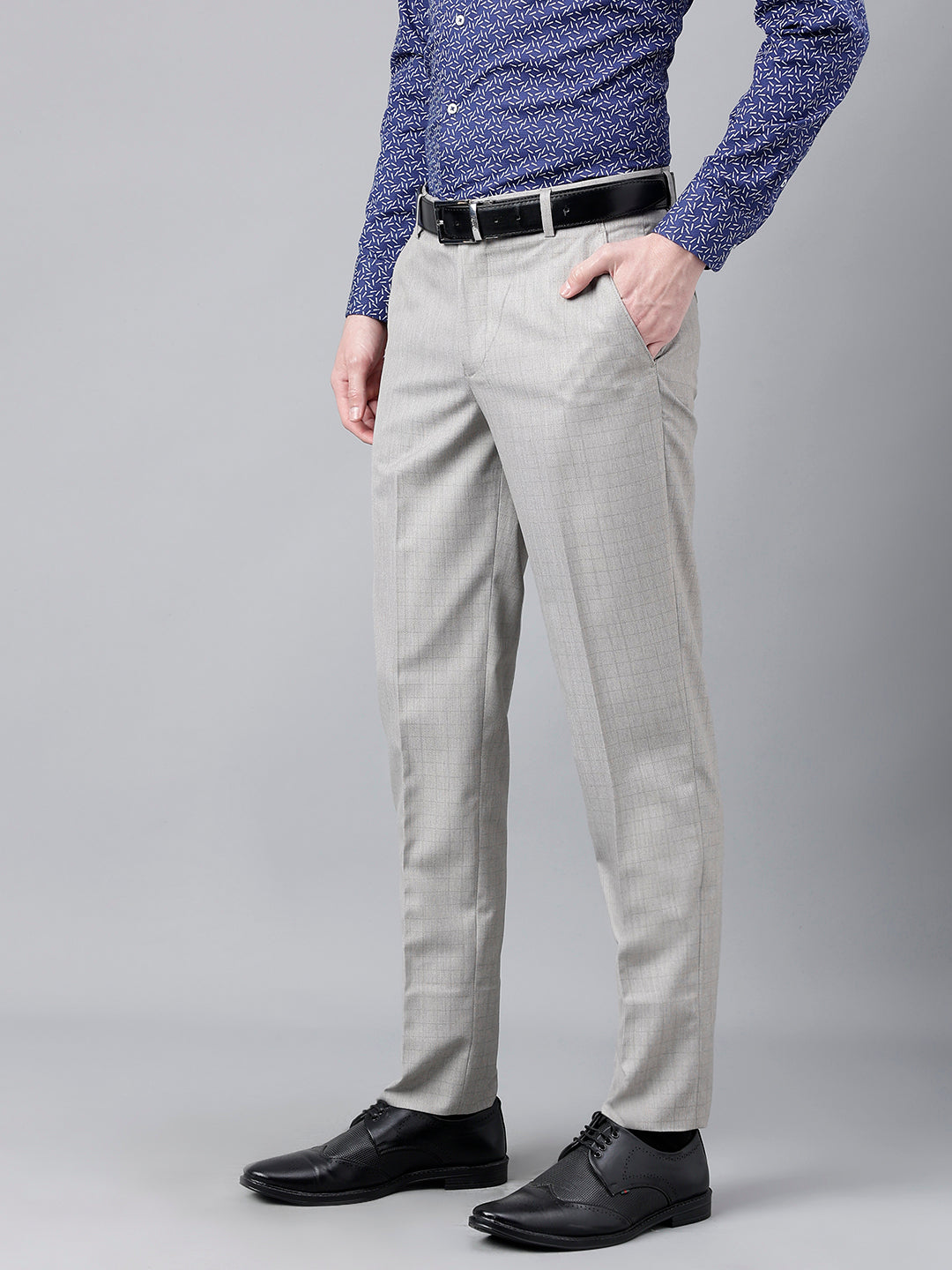 Men Light Grey Standard Fit Mid Rise Checked Formal Trouser