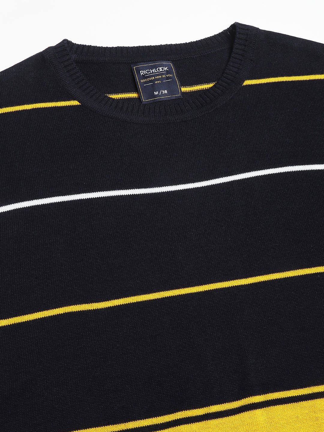 Men Navy Mustard Regular Fit Solid Crew Neck Casual Sweater