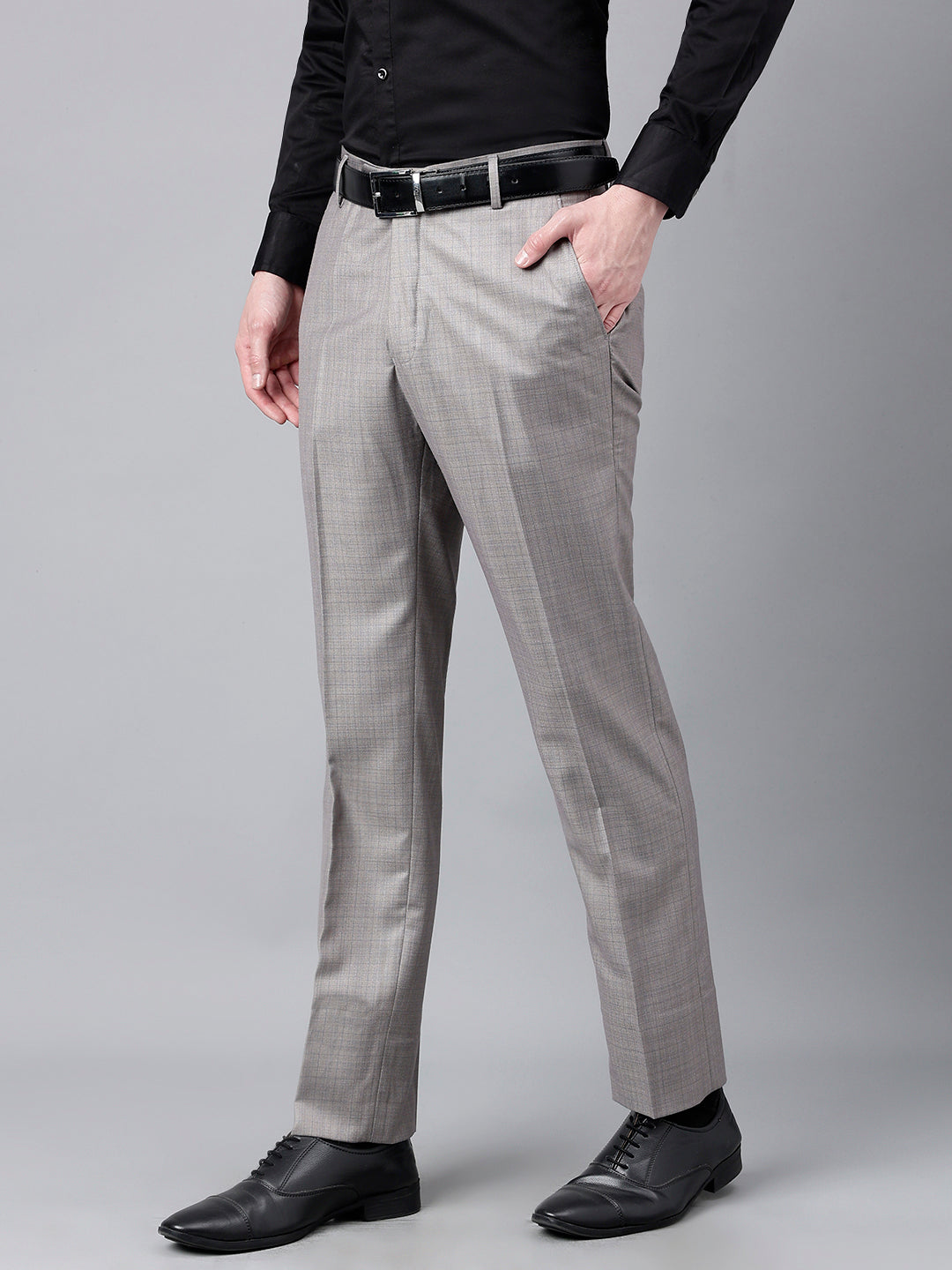 Men Grey Standard Fit Mid Rise Checked Formal Trouser