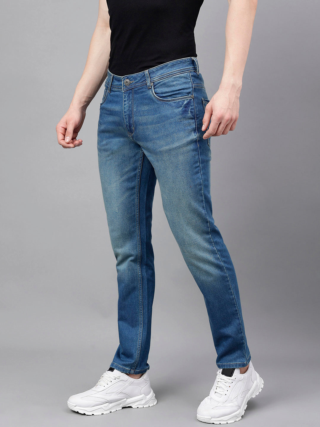 Men Light Blue Slim Fit Washed Mid Rise Stretchable Jeans