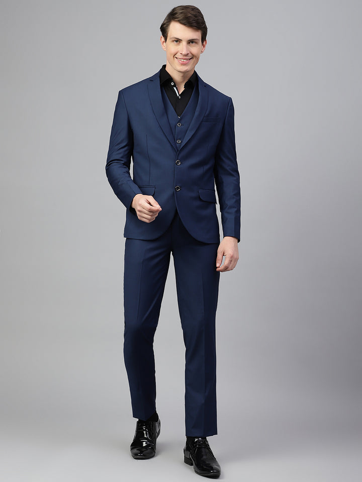 Men Blue Regular Fit Solid Notched Lapel Formal 3 Piece Suit