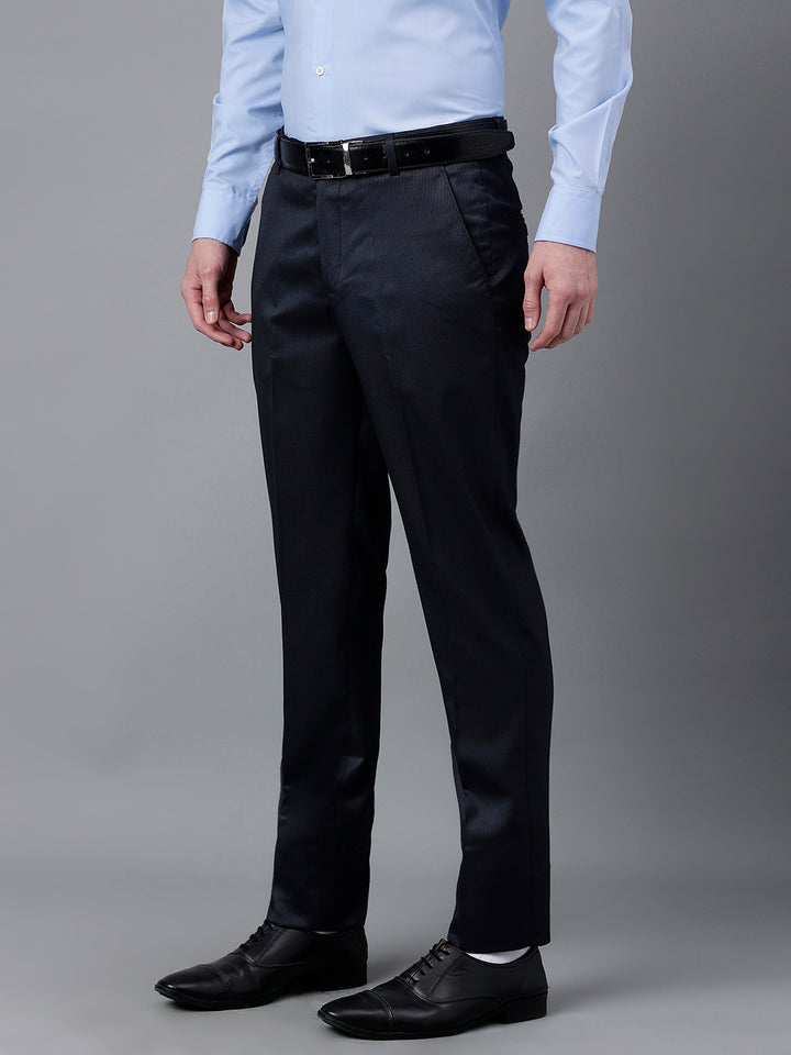 Men Navy Standard Fit Mid Rise Solid Formal Trouser