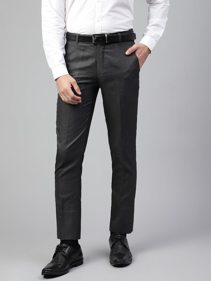 Men Charcoal Grey Regular Fit Solid Mid Rise Formal Trouser