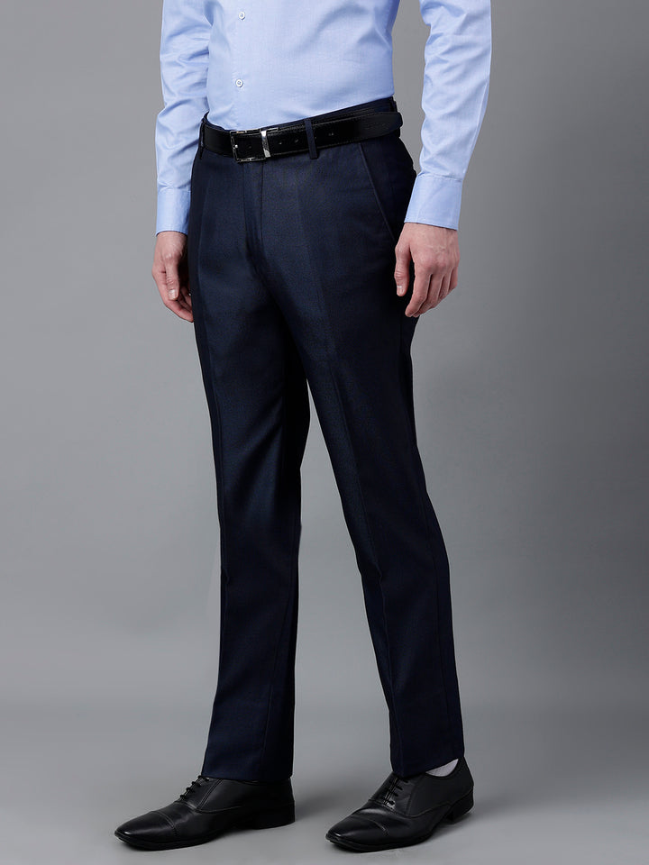 Men Navy Standard Fit Mid Rise Solid Formal Trouser