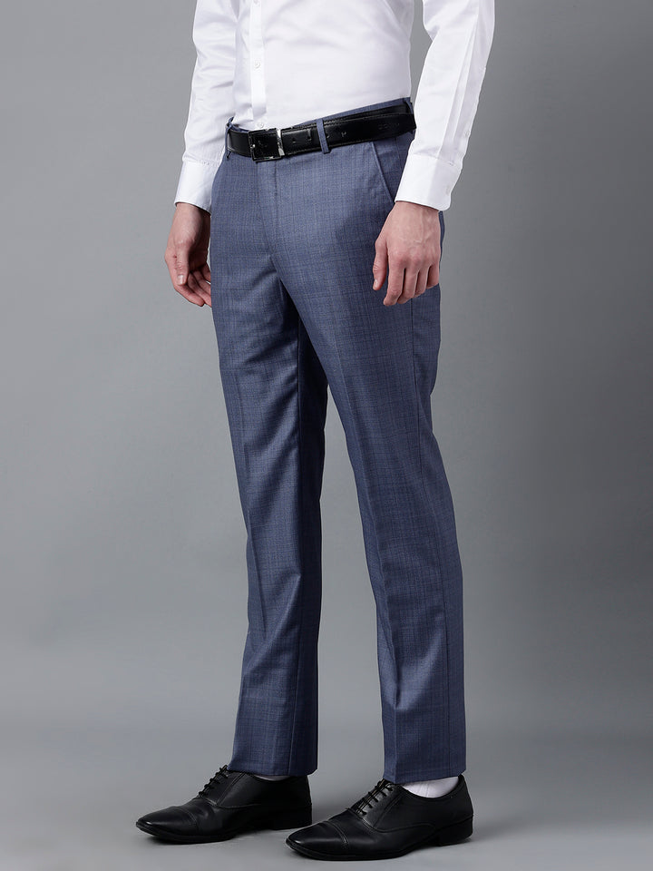 Men Blue Standard Fit Mid Rise Checked Formal Trouser