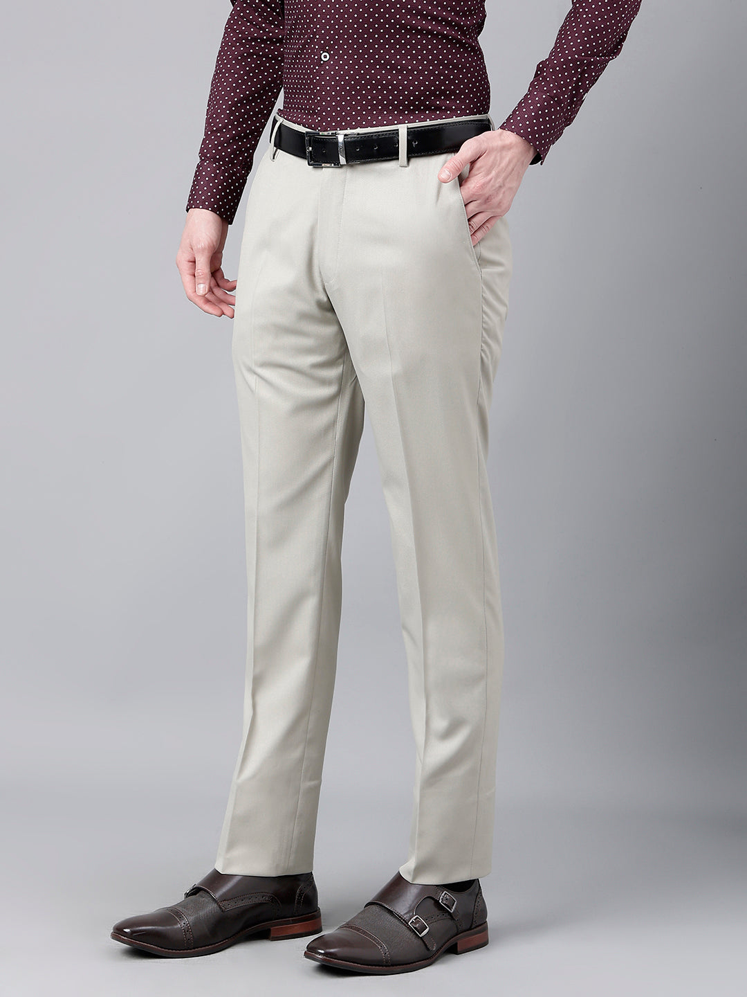 Men Light Pista Standard Fit Mid Rise Solid Formal Trouser