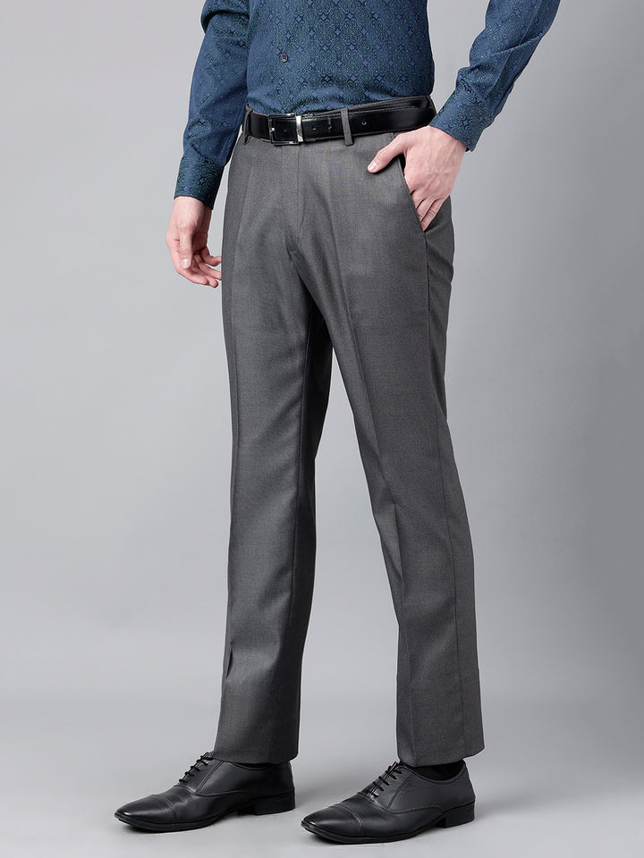 Men Smoke Grey Standard Fit Mid Rise Solid Formal Trouser