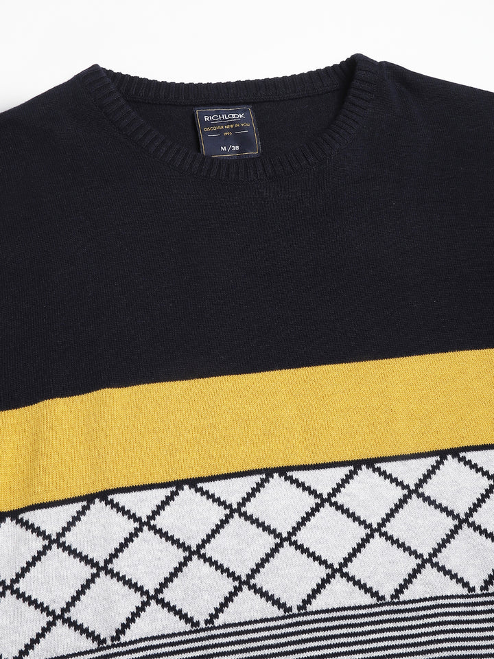 Men Navy Mustard Regular Fit Solid Crew Neck Casual Sweater